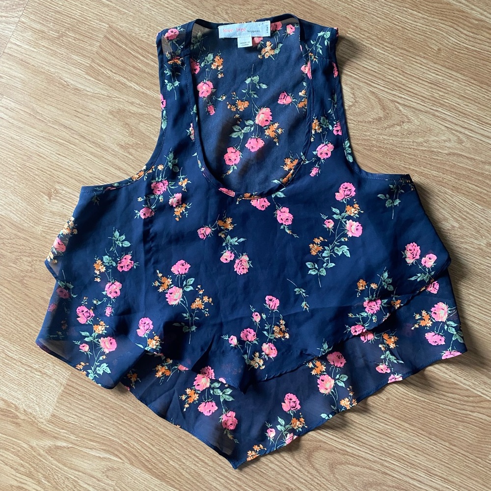 Love Tree Floral Cropped Sheer Tank Top